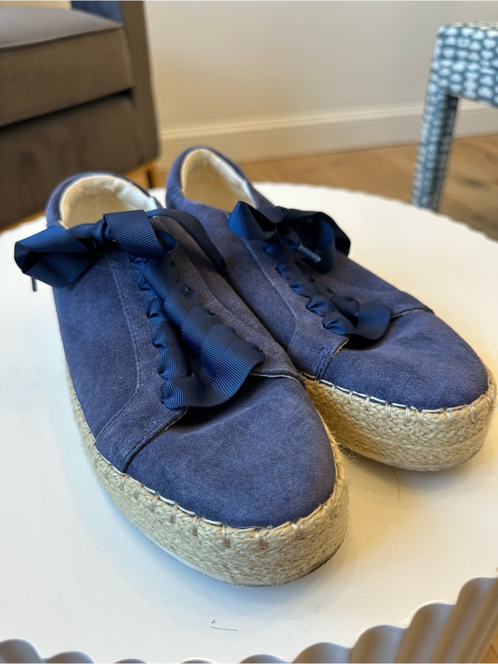 Kenneth Cole Navy Suede Espadrille Platform Sneakers with Ribbon Laces